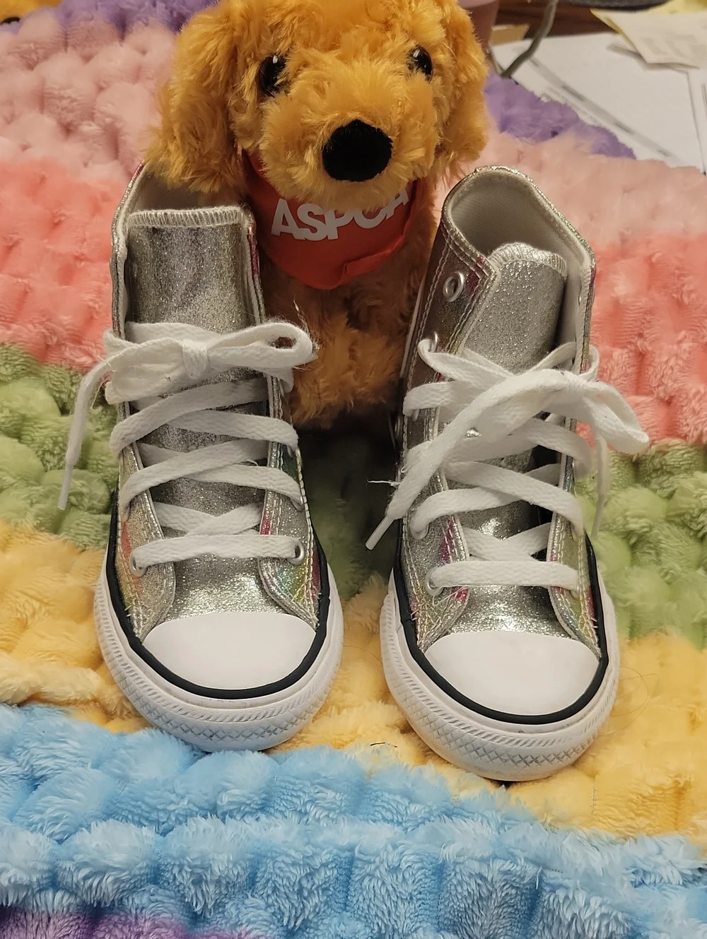 Converse Kids High-Top Glitter Sneakers in Silver with Rainbow Accents